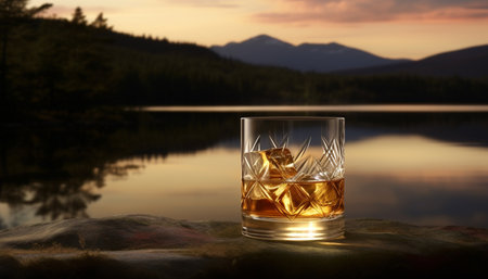 Golden sunset reflects on whiskey glass, nature tranquil refreshment generated by artificial intelligenceの素材