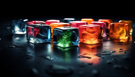 Shiny liquid drop reflects blue cube in whiskey glass at casino generated by artificial intelligenceの素材