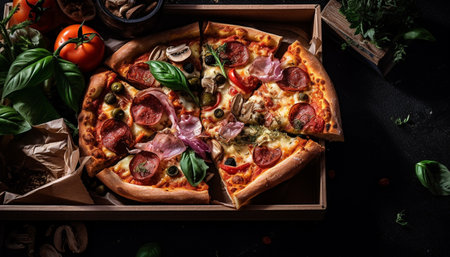 Rustic homemade pizza with fresh mozzarella and Italian prosciutto baked generated by artificial intelligenceの素材