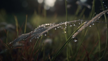 Vibrant green meadow, dew drops on blades, nature freshness shines generated by artificial intelligenceの素材