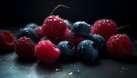 Juicy berry fruits on wooden table, refreshing summer snack generated by artificial intelligenceの素材