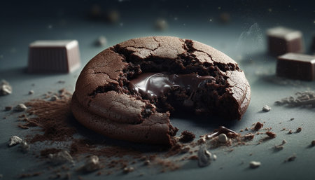 Homemade chocolate chip muffin, a sweet indulgence on rustic wood generated by artificial intelligenceの素材