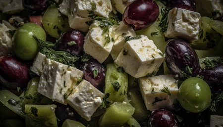 Fresh gourmet salad with feta cheese, black olives, and olive oil generated by artificial intelligenceの素材