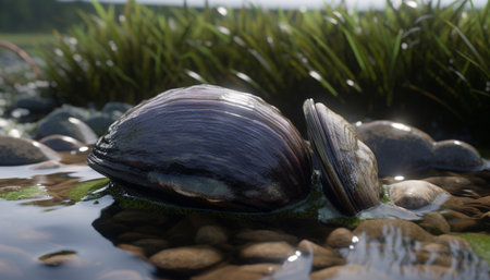 Tranquil scene of slimy snail crawling on green leaf outdoors generated by artificial intelligenceの素材