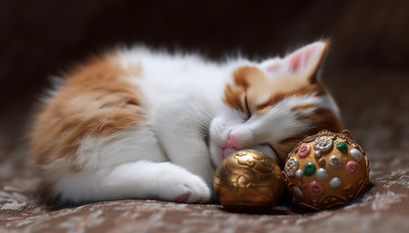 Cute domestic kitten sleeping on grass, pampered and playful generated by artificial intelligenceの素材