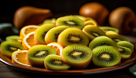 Juicy kiwi slice, a fresh and healthy snack on wooden table generated by artificial intelligenceの素材