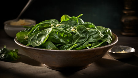 Organic vegetarian salad bowl with fresh leaf vegetables and herbs generated by artificial intelligenceの素材