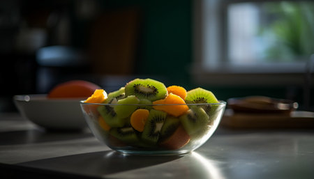 Healthy gourmet salad bowl with fresh organic kiwi and grape generated by artificial intelligenceの素材