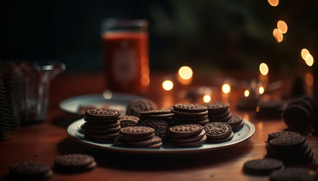 Indulgent homemade chocolate chip cookie stack on rustic wood table generated by artificial intelligenceの素材