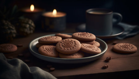 Rustic homemade chocolate chip cookie stack on wooden table generated by artificial intelligenceの素材
