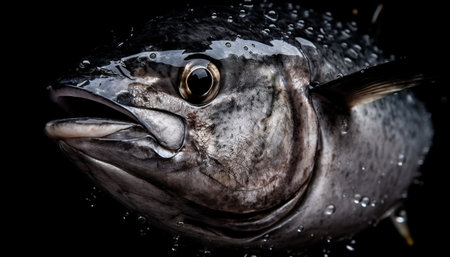 Fresh seafood catch of mackerel, sharp teeth and fin generated by artificial intelligenceの素材