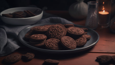 Homemade gourmet chocolate chip cookies on rustic wood table generated by artificial intelligenceの素材