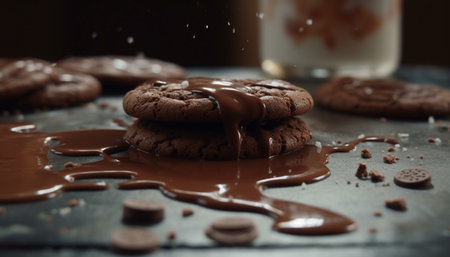 Homemade chocolate chip cookies on rustic wooden table, ready to eat indulgence generated by artificial intelligenceの素材