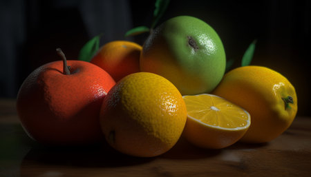 Vibrant citrus slice on wooden table, a healthy summer snack generated by artificial intelligenceの素材