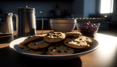 Homemade chocolate chip cookies, a sweet indulgence for dessert generated by artificial intelligenceの素材