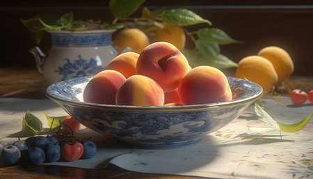 Fresh fruit bowl on rustic table, a healthy summer snack generated by artificial intelligenceの素材