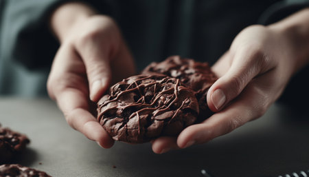 Hand holding dark chocolate dessert on wooden table indoors generated by artificial intelligenceの素材