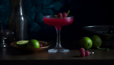 Fresh fruit cocktail drink with lime and ice on table generated by artificial intelligenceの素材