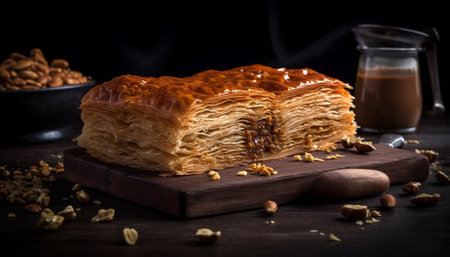 Indulgent homemade dessert: layered baklava with caramel, chocolate, and nuts generated by artificial intelligenceの素材