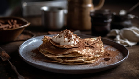 Stack of homemade pancakes with chocolate syrup and blueberries generated by artificial intelligenceの素材