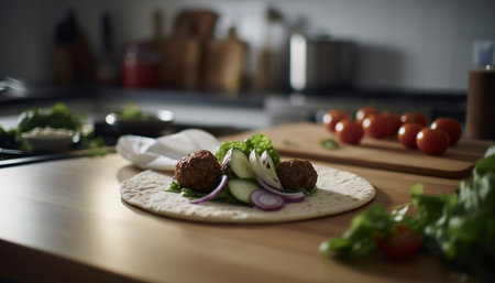 Fresh vegetarian salad preparation on wooden cutting board in kitchen generated by artificial intelligenceの素材