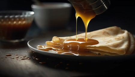 Freshly baked pancake stack with honey syrup pouring over it generated by artificial intelligenceの素材