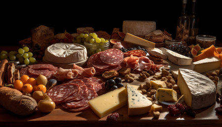 A rustic buffet plate with a variety of gourmet cheeses generated by artificial intelligenceの素材