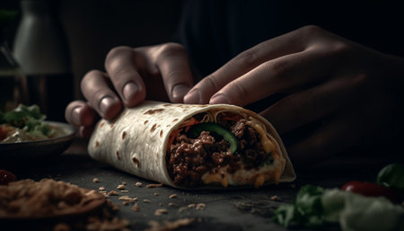 Handmade gourmet taco with grilled beef, fresh vegetables, and spicy guacamole generated by artificial intelligenceの素材