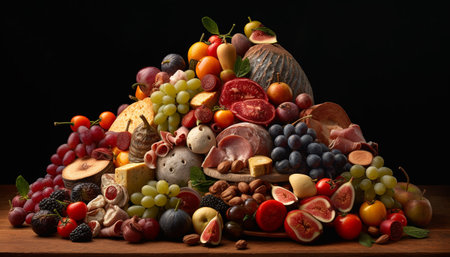 Fresh fruit and gourmet delicatessen on a wood table composition generated by artificial intelligenceの素材