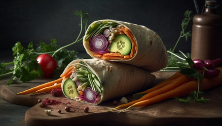 Fresh vegetable sandwich with grilled beef and homemade avocado spread generated by artificial intelligenceの素材