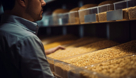One man, a young adult, standing in a retail store, holding fresh food generated by artificial intelligenceの素材