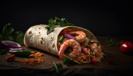 Grilled beef taco with fresh tomato, cilantro, and spicy guacamole generated by artificial intelligenceの素材