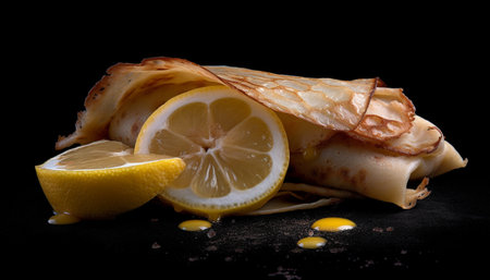 Grilled seafood fillet with lemon slice on organic vegetable plate generated by artificial intelligenceの素材