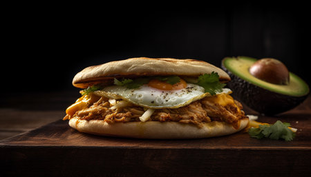 Grilled pork sandwich with avocado and tomato on rustic bread generated by artificial intelligenceの素材