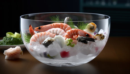 Fresh seafood appetizer with prawn, fish, and scampi on crockery generated by artificial intelligenceの素材