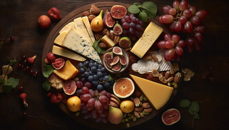 A rustic gourmet cheese plate with a variety of fresh fruit generated by artificial intelligenceの素材