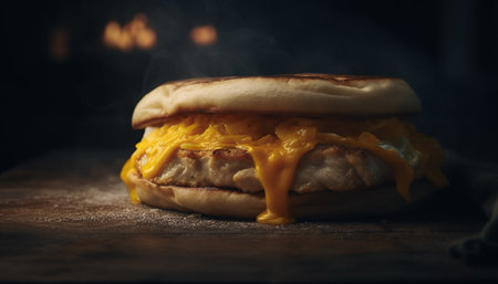 Grilled beef burger on rustic wood table with melted cheese generated by artificial intelligenceの素材