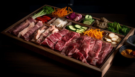 Grilled sirloin steak on rustic wood table with healthy vegetables generated by artificial intelligenceの素材