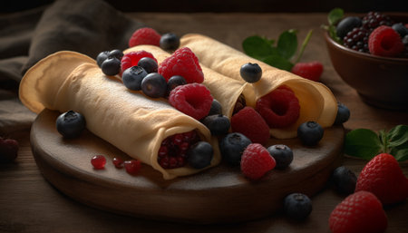 Fresh berry stack on rustic wood plate, perfect dessert snack generated by artificial intelligenceの素材
