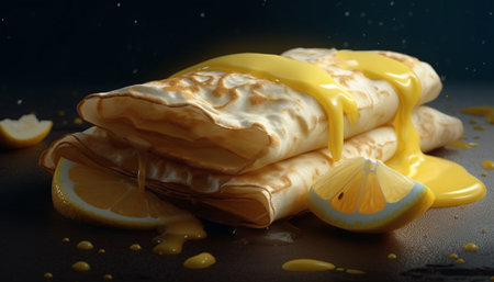 A stack of homemade pancakes with fresh fruit and syrup generated by artificial intelligenceの素材