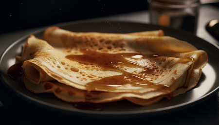 Stack of golden pancakes with berry syrup pouring on top generated by artificial intelligenceの素材