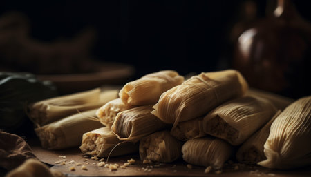 Steamed dumplings wrapped in leaf, a rustic Chinese tradition generated by artificial intelligenceの素材