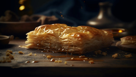 Freshly baked homemade pastry dough on rustic wooden cutting board generated by artificial intelligenceの素材