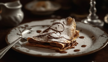 Stack of homemade pancakes with chocolate sauce and berry fruit generated by artificial intelligenceの素材