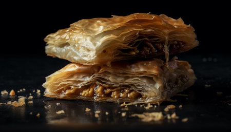 Baked baklava with honey, walnut, and chocolate on black background generated by artificial intelligenceの素材