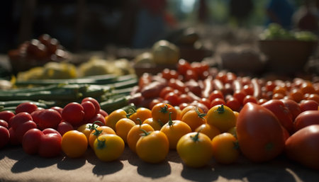 Fresh organic vegetables and fruits in a colorful abundance basket generated by artificial intelligenceの素材