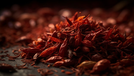 Organic spice heap: chili, paprika, cayenne, saffron, for healthy cooking generated by artificial intelligenceの素材