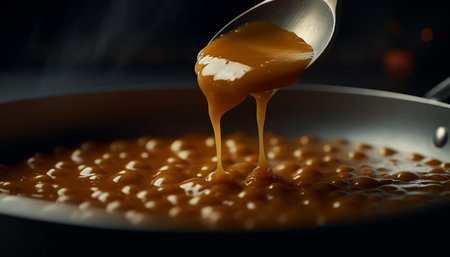 Sweet honey pouring over fresh organic ingredients in gourmet dessert generated by artificial intelligenceの素材
