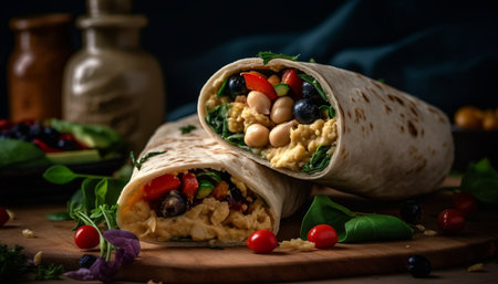 Fresh gourmet taco salad with grilled beef on a rustic table generated by artificial intelligenceの素材