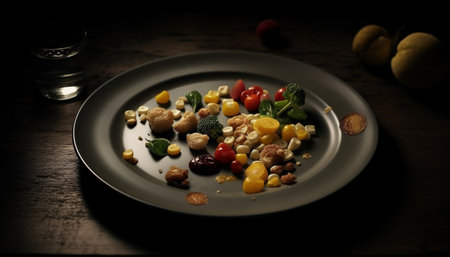 Fresh vegetarian salad with organic tomato and healthy green pea generated by artificial intelligenceの素材